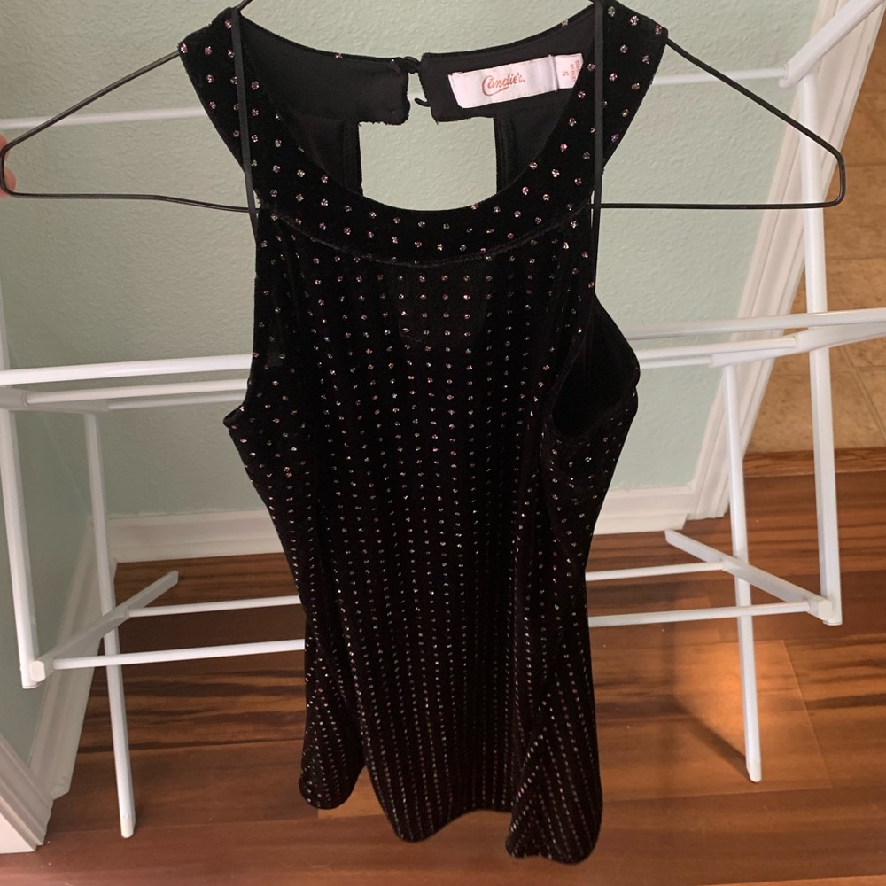 Candies high neck a line dress. Size small, black with multicolor pattern.